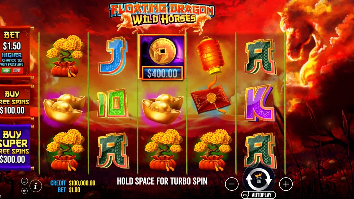 Tampilan visual slot Floating Dragon Wild Horses dengan tema naga dan kuda liar