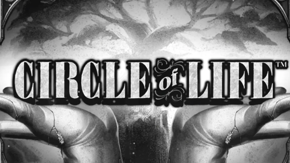 Visual artistik monokrom dari slot Circle of Life dengan elemen pohon kehidupan yang bercahaya.
