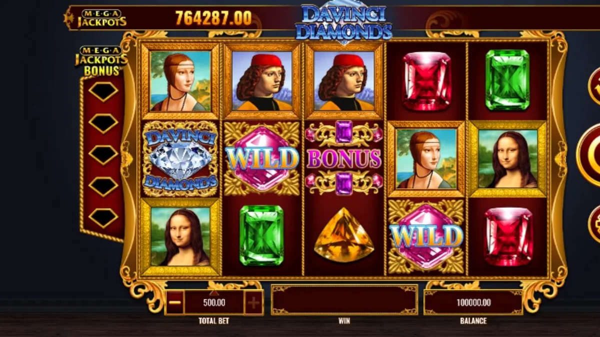 Tampilan visual slot Mega Jackpot DaVinci Diamonds dengan tema seni Renaissance dan berlian.
